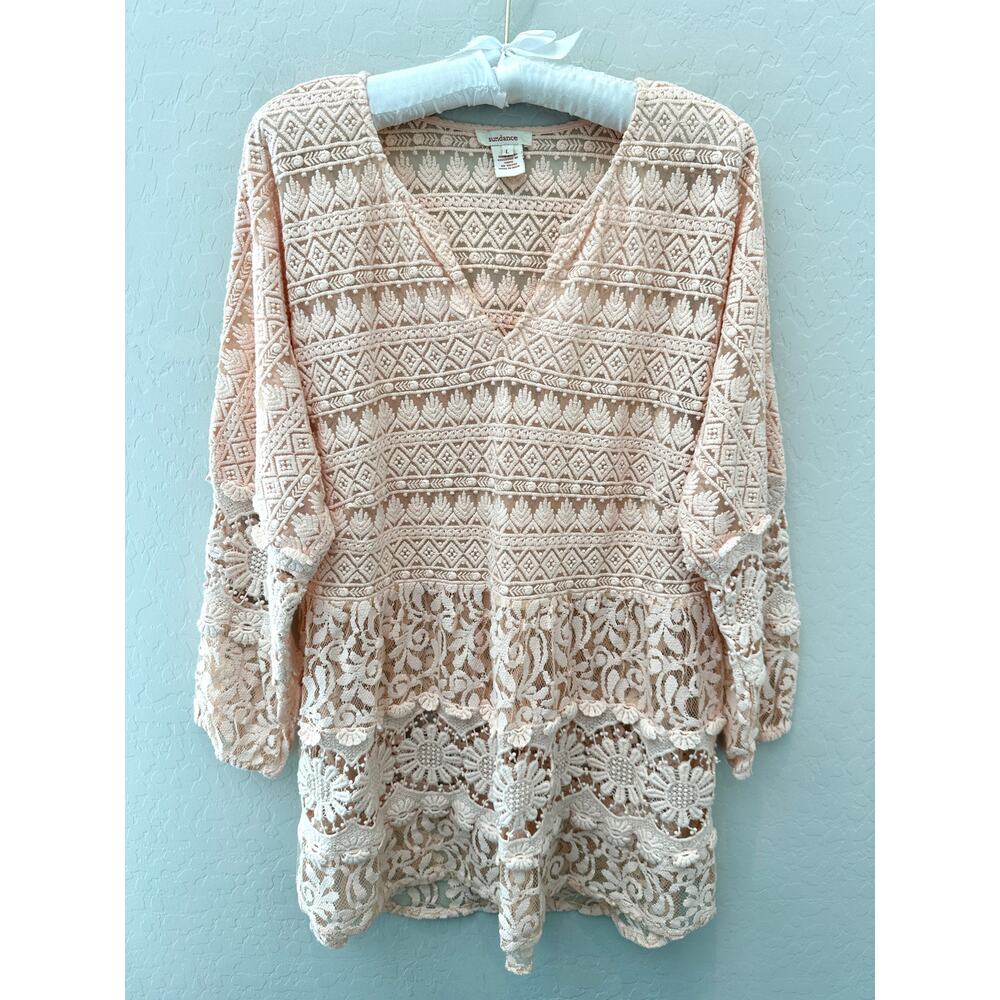 SUNDANCE | Blush Pink Boho Sheer Lace Embroidered Peplum Tunic Top | Large